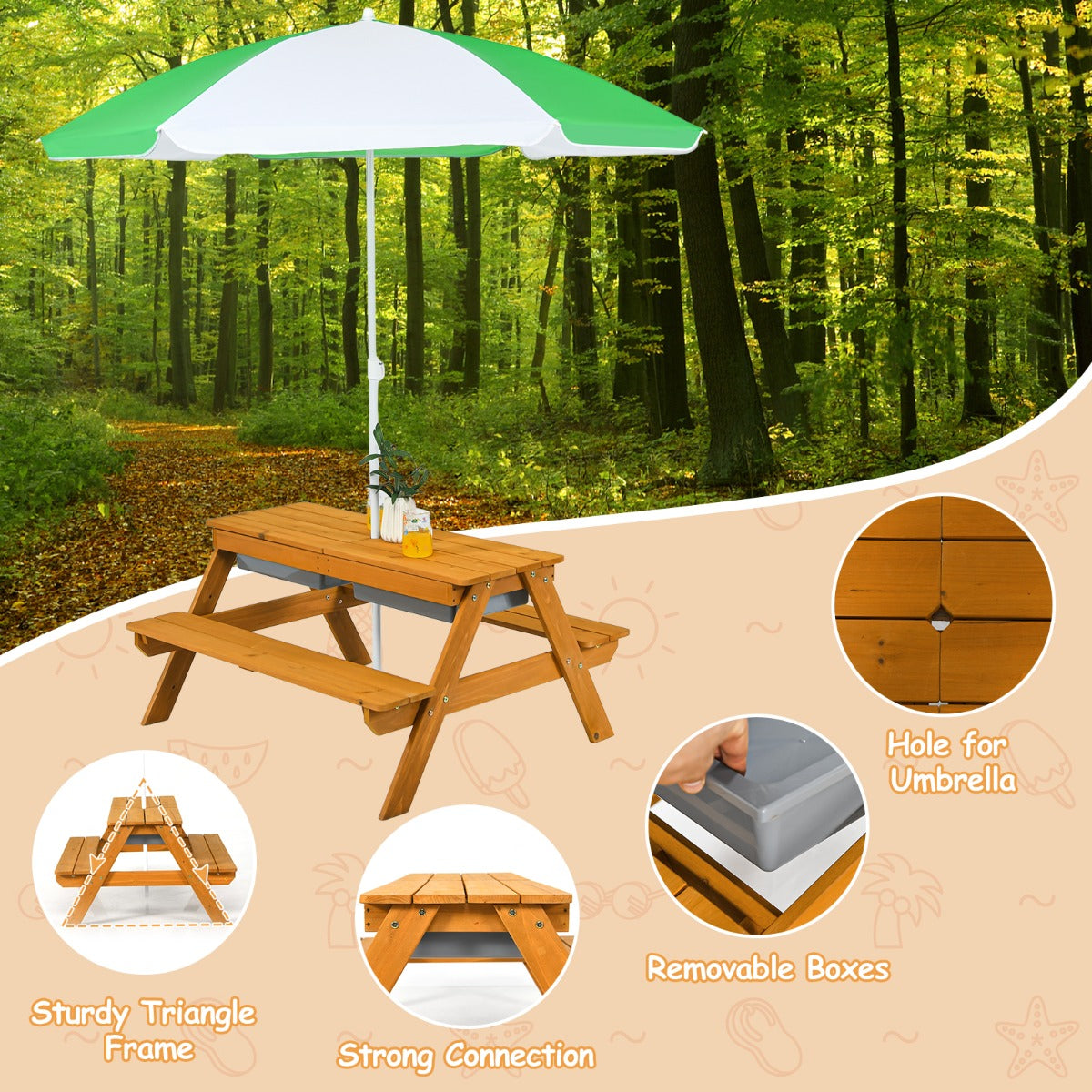 LIVSK 3-in-1 Kinderpicknicktafel - Om te bouwen tot Watertafel of Zandtafel - Afneembare Parasol - Voor 3-7 jaar - Natuurlijk+Wit