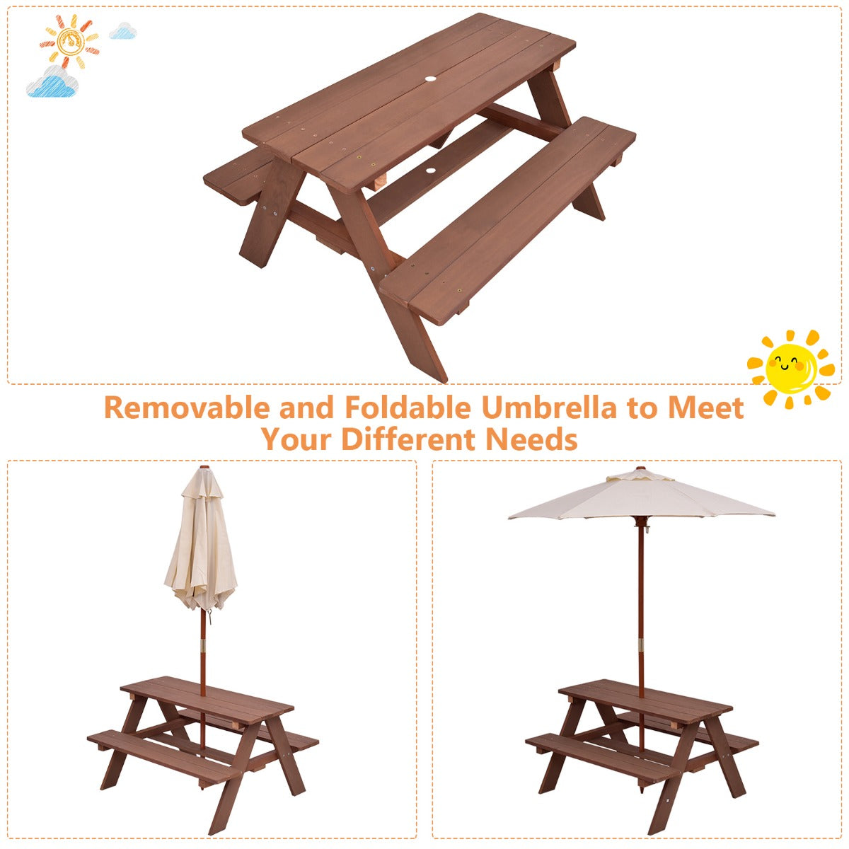 Livsk costway 3 in 1 picknicktafel voor kinderen buitenactiviteitentafel met afneembare paraplu en houten banken knutseltafel voor tuin huis gazon