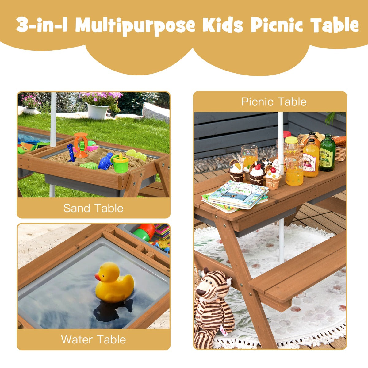 Livsk costway 3 in 1 picknicktafelset met parasol en banken voor kinderen kindermeubelset voor tuin achtertuin terras speeltafel kleurrijk