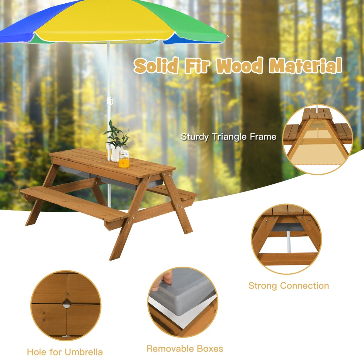 Livsk costway 3 in 1 picknicktafelset met parasol en banken voor kinderen kindermeubelset voor tuin achtertuin terras speeltafel kleurrijk
