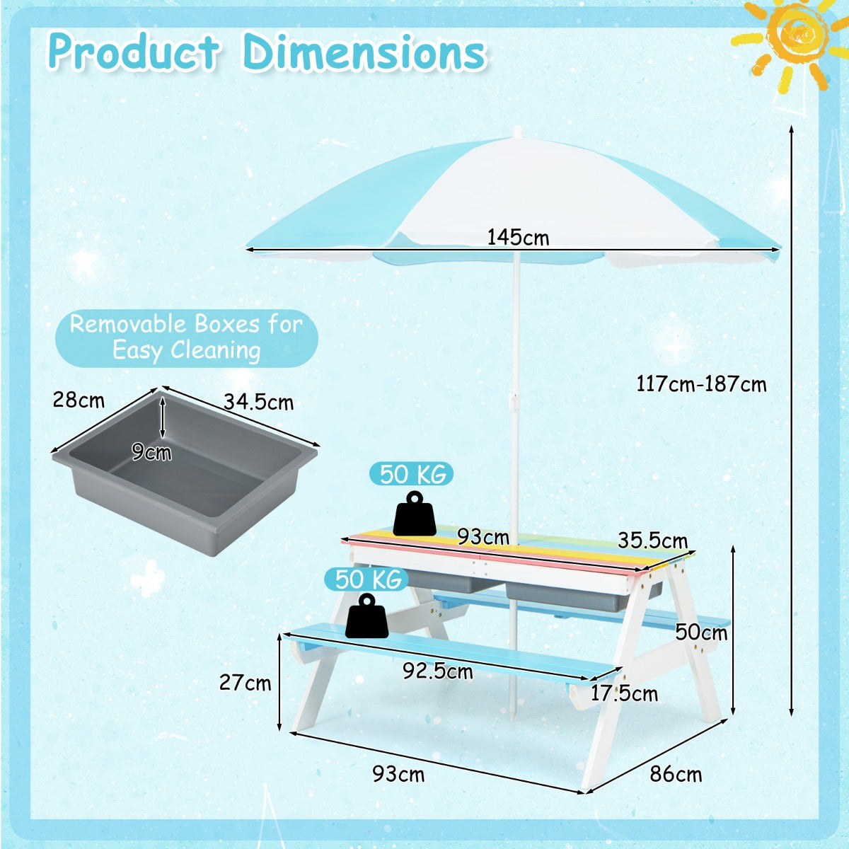 Livsk costway 3 in 1 picknicktafelset met parasol en banken voor kinderen kindermeubelset voor tuin achtertuin terras speeltafel multicolor 1