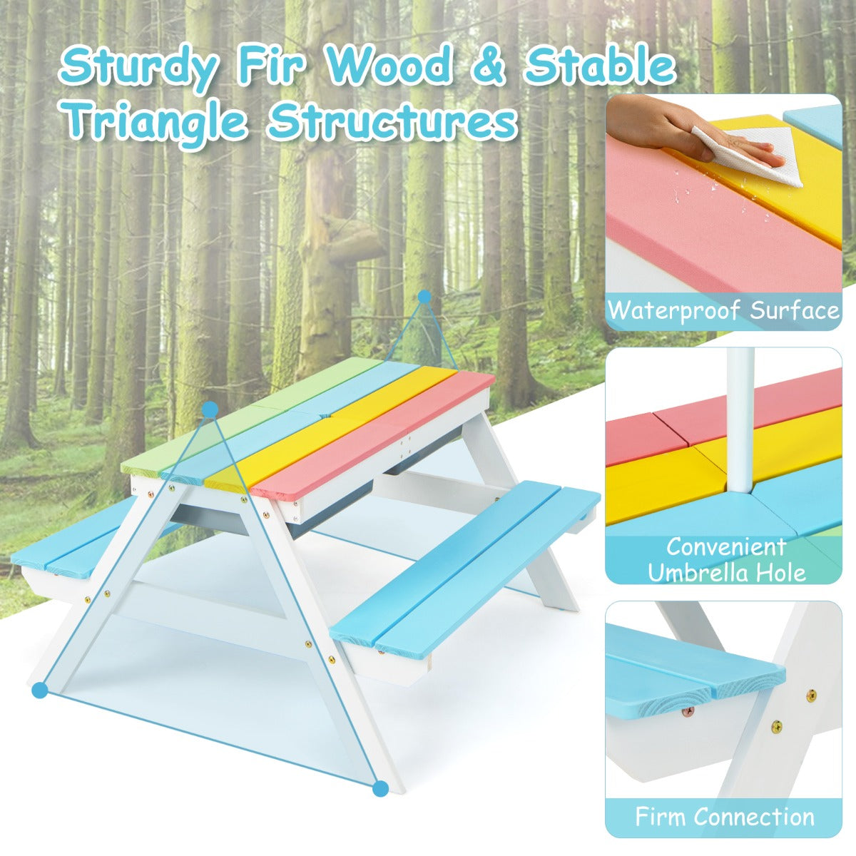 Livsk costway 3 in 1 picknicktafelset met parasol en banken voor kinderen kindermeubelset voor tuin achtertuin terras speeltafel multicolor