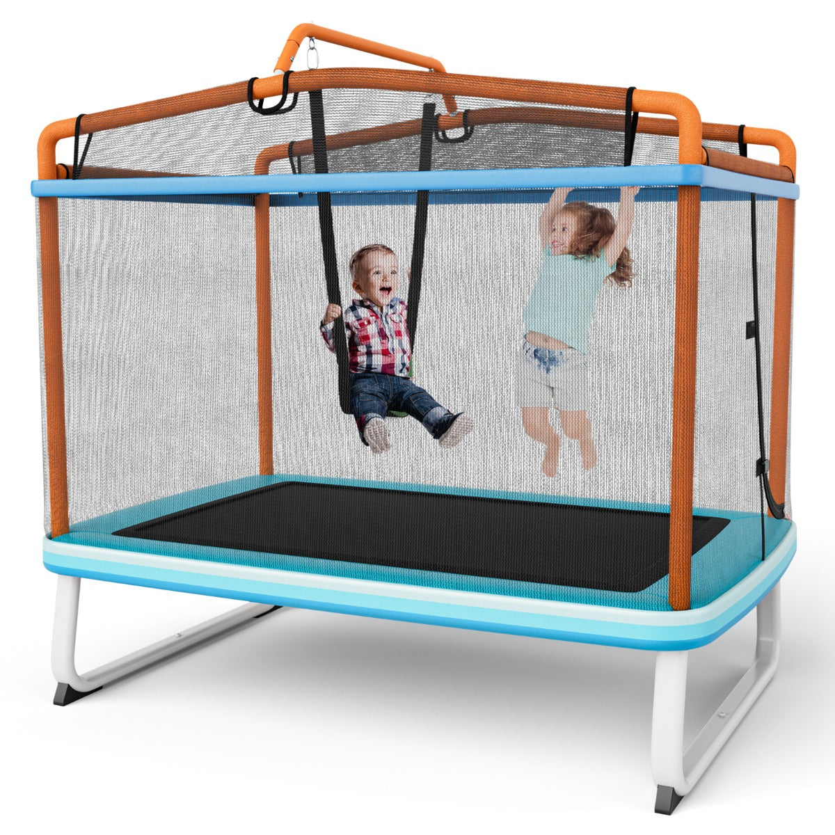 LIVSK 3-in-1 Kindertrampoline met Schommel - Rechthoekig - Veiligheidsnet - Voor Kleine Tuinen - Tot 100 kg - Blauw + Oranje