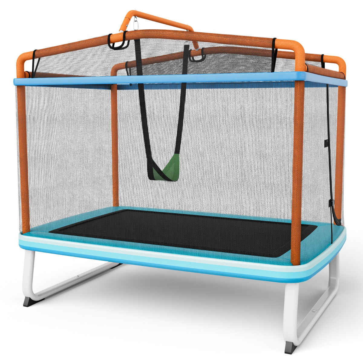 LIVSK 3-in-1 Kindertrampoline met Schommel - Rechthoekig - Veiligheidsnet - Voor Kleine Tuinen - Tot 100 kg - Blauw + Oranje