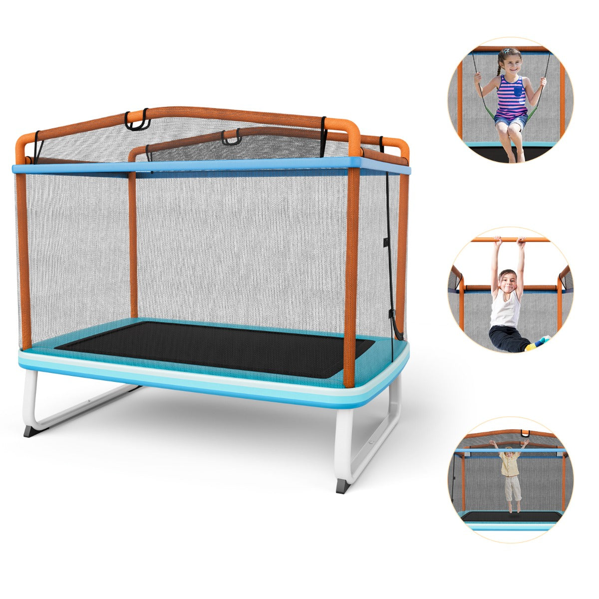 LIVSK 3-in-1 Kindertrampoline met Schommel - Rechthoekig - Veiligheidsnet - Voor Kleine Tuinen - Tot 100 kg - Blauw + Oranje