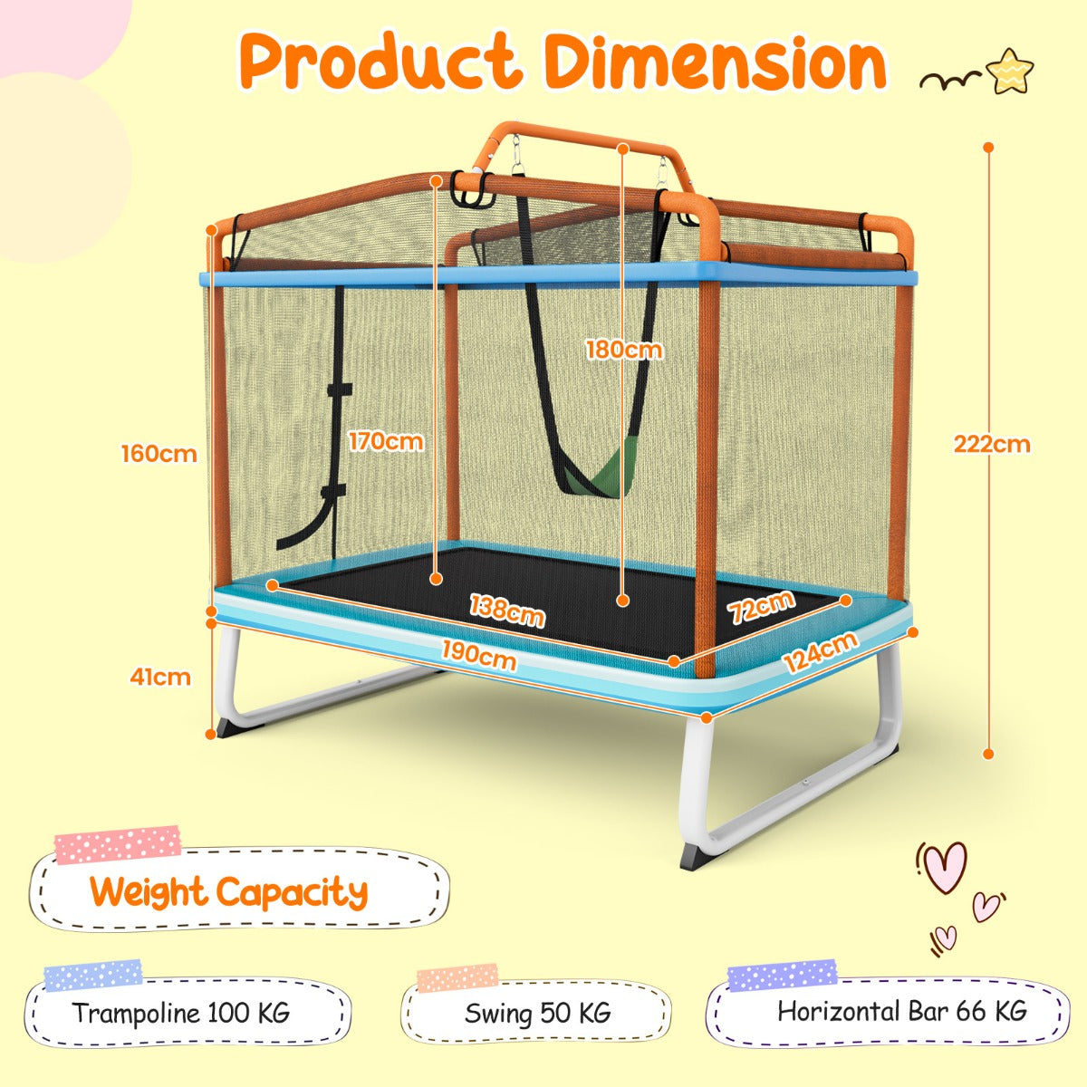 LIVSK 3-in-1 Kindertrampoline met Schommel - Rechthoekig - Veiligheidsnet - Voor Kleine Tuinen - Tot 100 kg - Blauw + Oranje