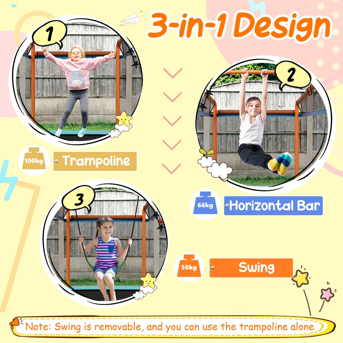 LIVSK 3-in-1 Kindertrampoline met Schommel - Rechthoekig - Veiligheidsnet - Voor Kleine Tuinen - Tot 100 kg - Blauw + Oranje