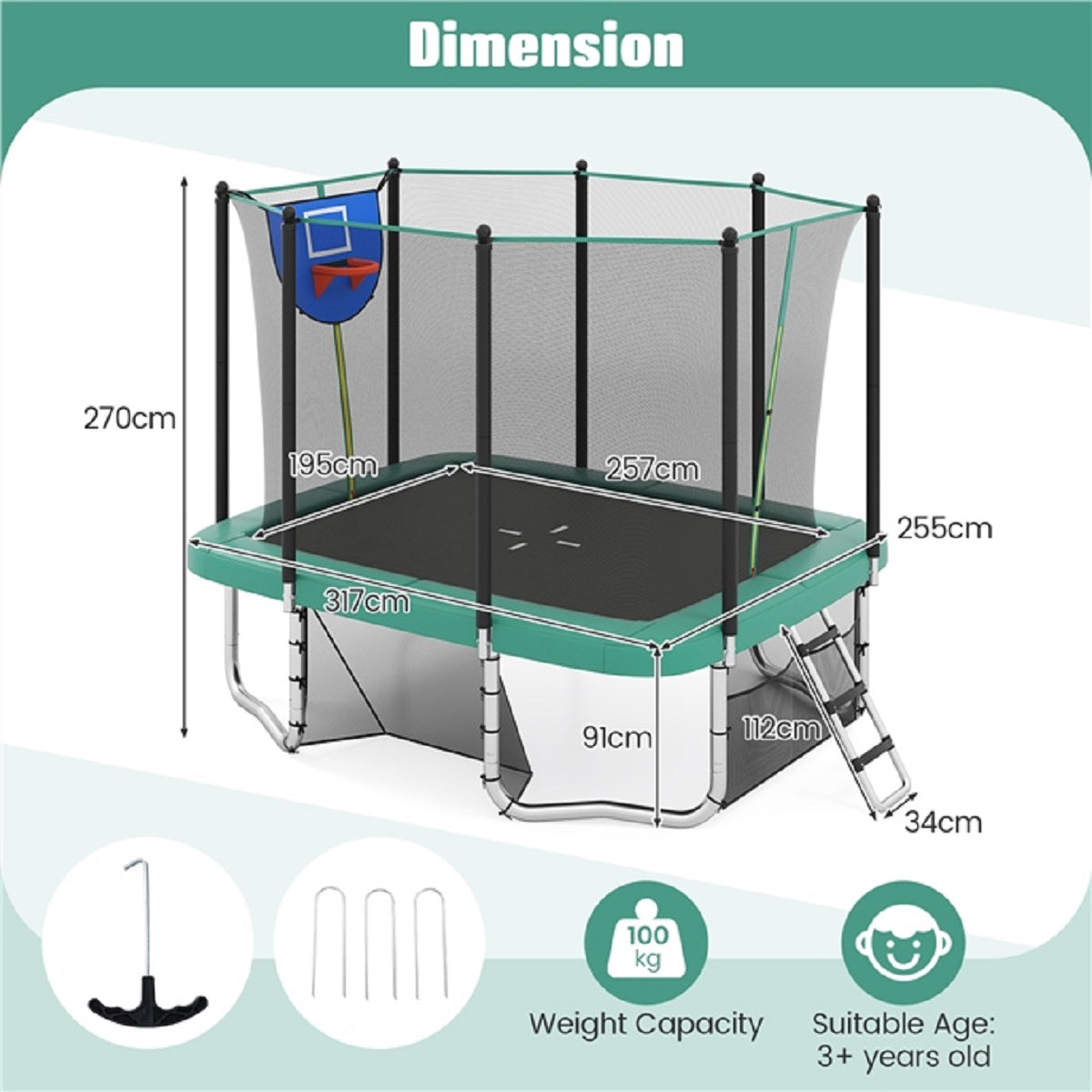 LIVSK Trampoline Set met Basketbalring en Voetbaldoel - Veiligheidsnet en Antikollisieschuim - Tot 500 kg - 317 x 255 x 270 cm -