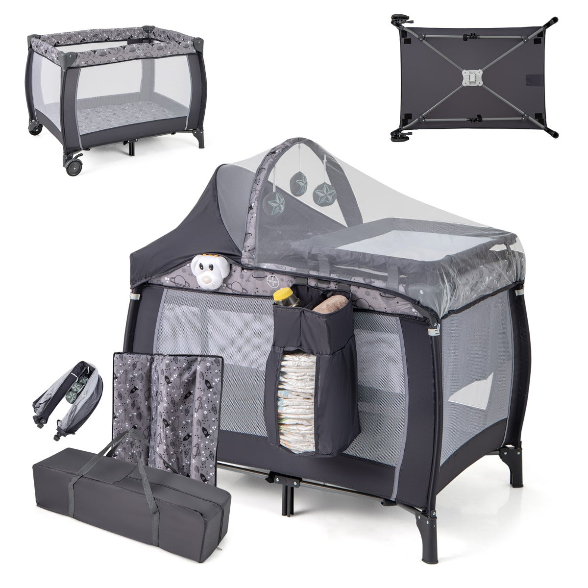 LIVSK 3-in-1 Reisbedje - Opvouwbaar met Muziekdoos en Hangend Speelgoed - Inclusief Commode en Luifel - Tot 15 kg - Grijs