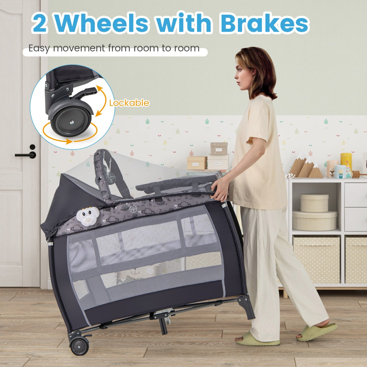 LIVSK 3-in-1 Reisbedje - Opvouwbaar met Muziekdoos en Hangend Speelgoed - Inclusief Commode en Luifel - Tot 15 kg - Grijs