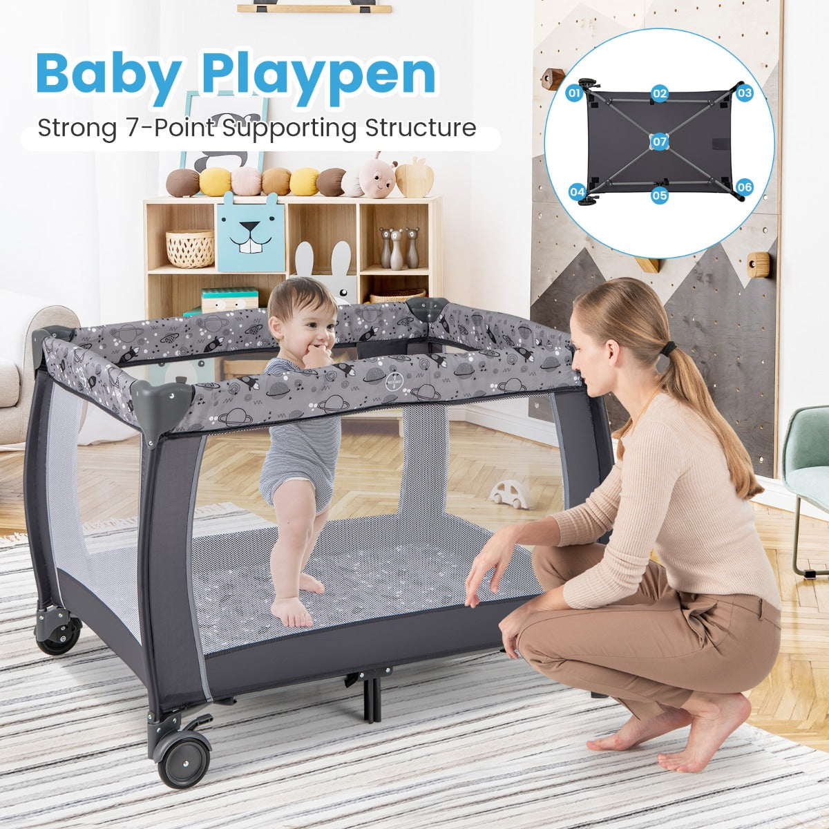 LIVSK 3-in-1 Reisbedje - Opvouwbaar met Muziekdoos en Hangend Speelgoed - Inclusief Commode en Luifel - Tot 15 kg - Grijs