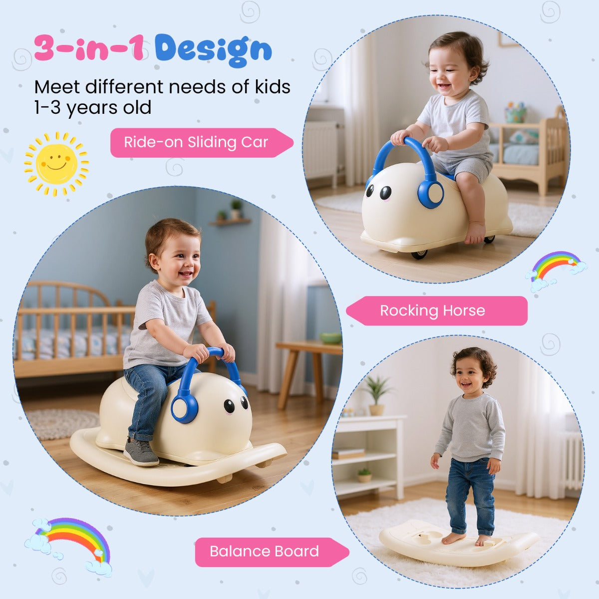 LIVSK 3-in-1 Schommelpaard - Glijauto en Balansplaat - Anti-kanteldesign - Opbergruimte - Voor Peuters 1-3 Jaar - Wit + Blauw