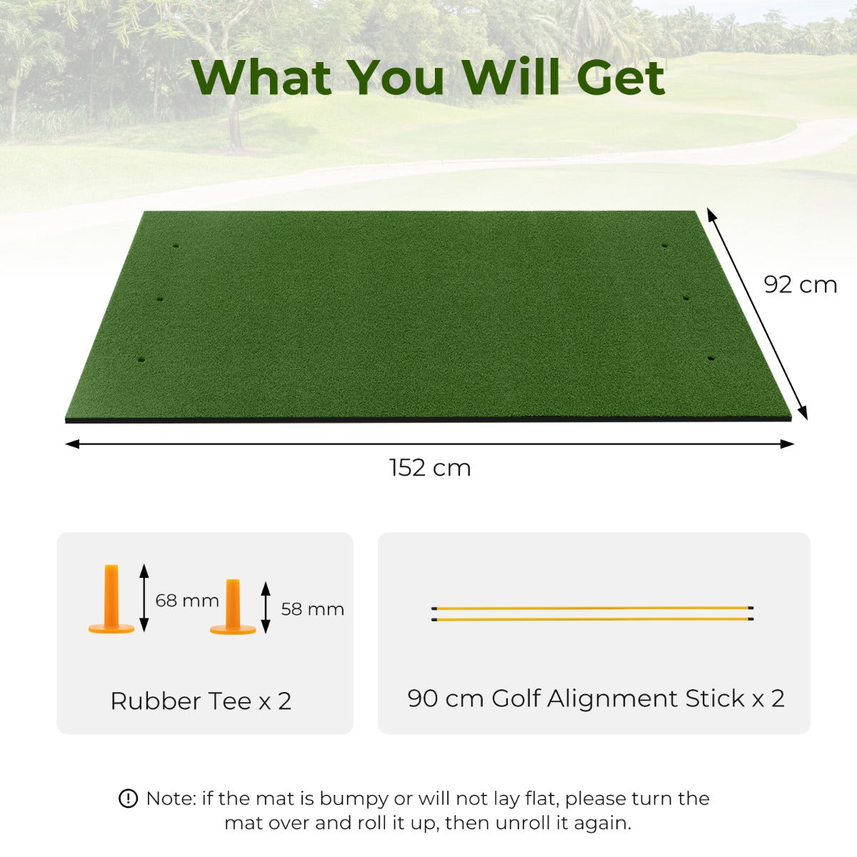 LIVSK Golfmat met Alignment Sticks - Duurzaam en Realistisch - 6 Tee Holes - Voor Links- en Rechtshandige Golfers - Groen