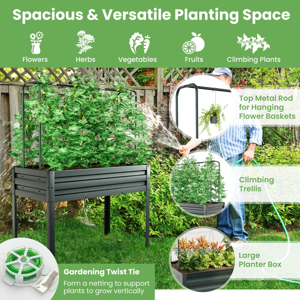 LIVSK Multifunctionele Tuinset 3-in-1 - Verhoogd Bed met Kasafdekking en Trellis - Rugvriendelijk - 115 x 60 x 150 cm - Grijs +