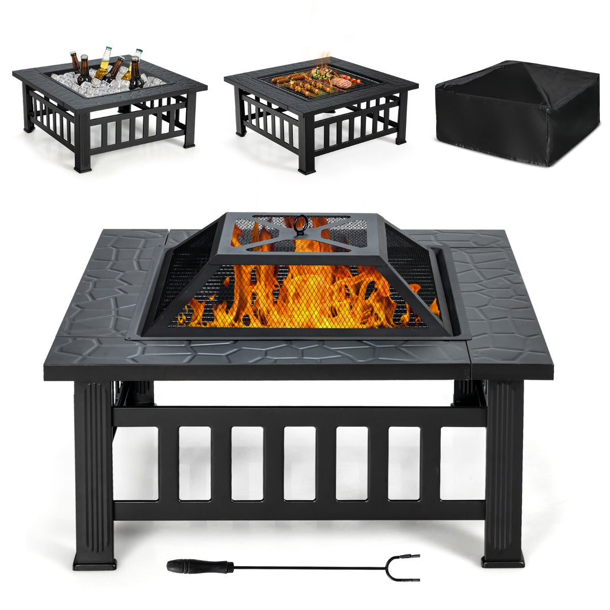 LIVSK Multifunctionele Vuurschaal - 3-in-1 Vuurplaats Tafel, BBQ Rooster en IJsemmer - Hittebestendig Staal - Zwart