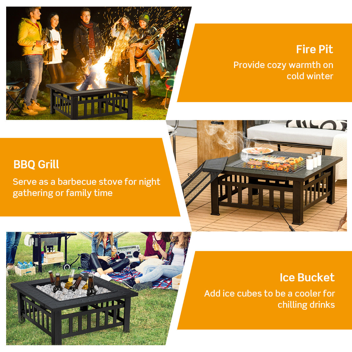 LIVSK Multifunctionele Vuurschaal - 3-in-1 Vuurplaats Tafel, BBQ Rooster en IJsemmer - Hittebestendig Staal - Zwart