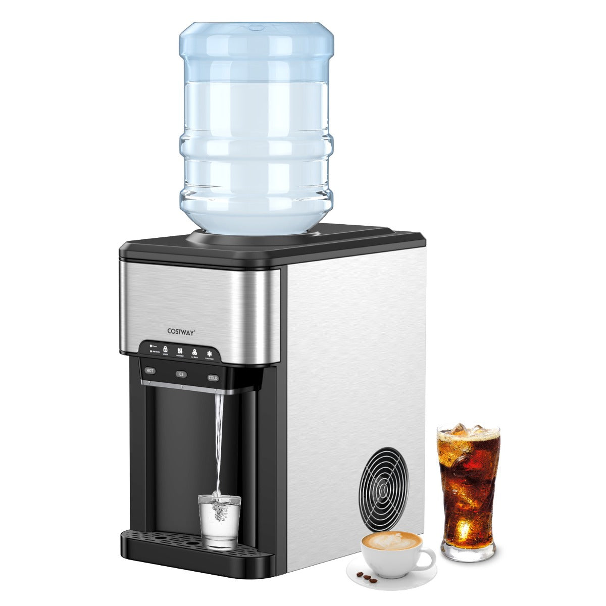 LIVSK 3-in-1 Waterdispenser met Ijsmaker - Warm/Koud Water - Intuïtief Paneel - Kinderslot - 28 x 43 x 48 cm - Zilver + Zwart