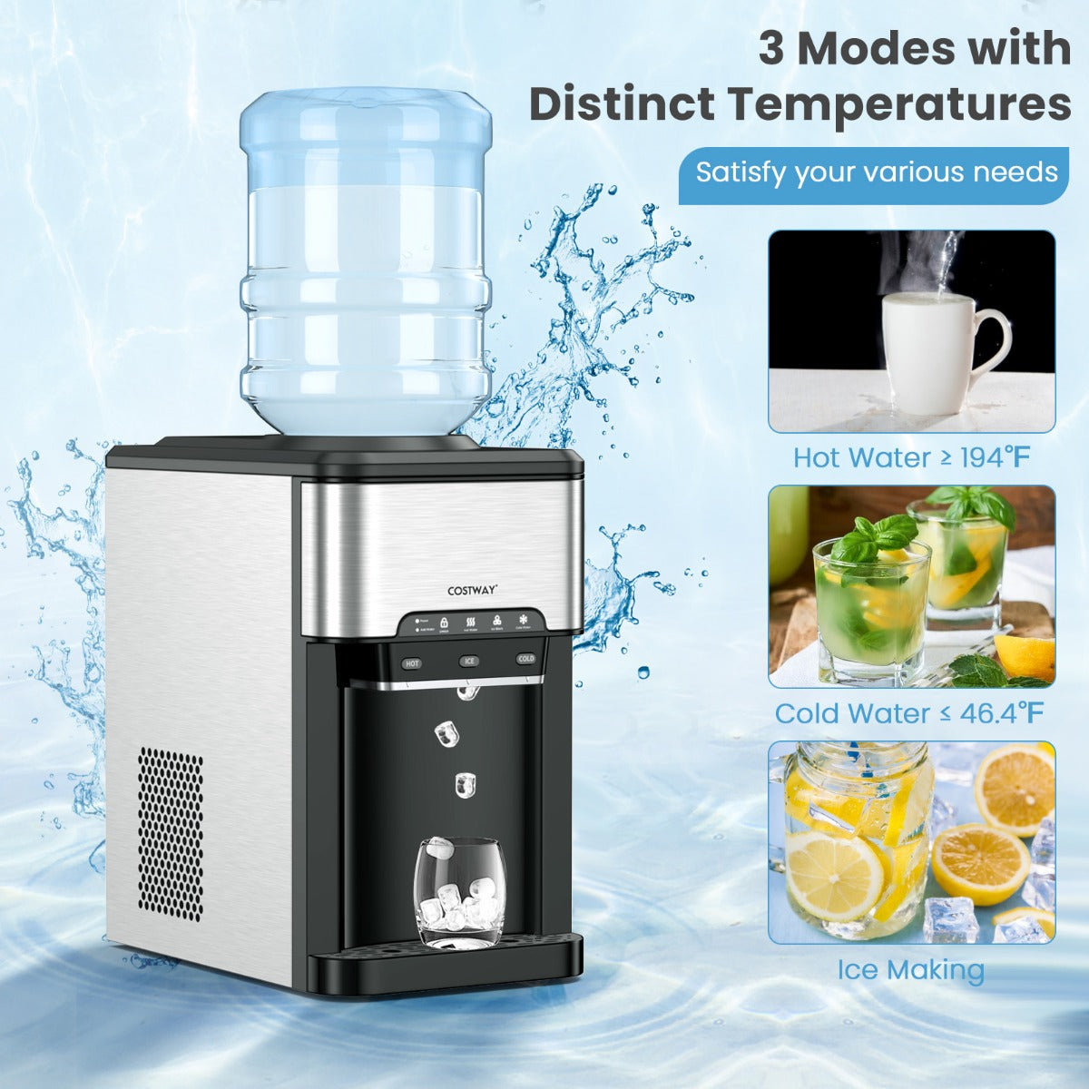 LIVSK 3-in-1 Waterdispenser met Ijsmaker - Warm/Koud Water - Intuïtief Paneel - Kinderslot - 28 x 43 x 48 cm - Zilver + Zwart
