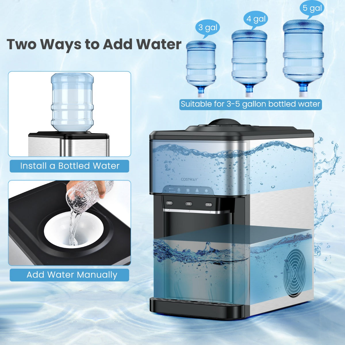 LIVSK 3-in-1 Waterdispenser met Ijsmaker - Warm/Koud Water - Intuïtief Paneel - Kinderslot - 28 x 43 x 48 cm - Zilver + Zwart
