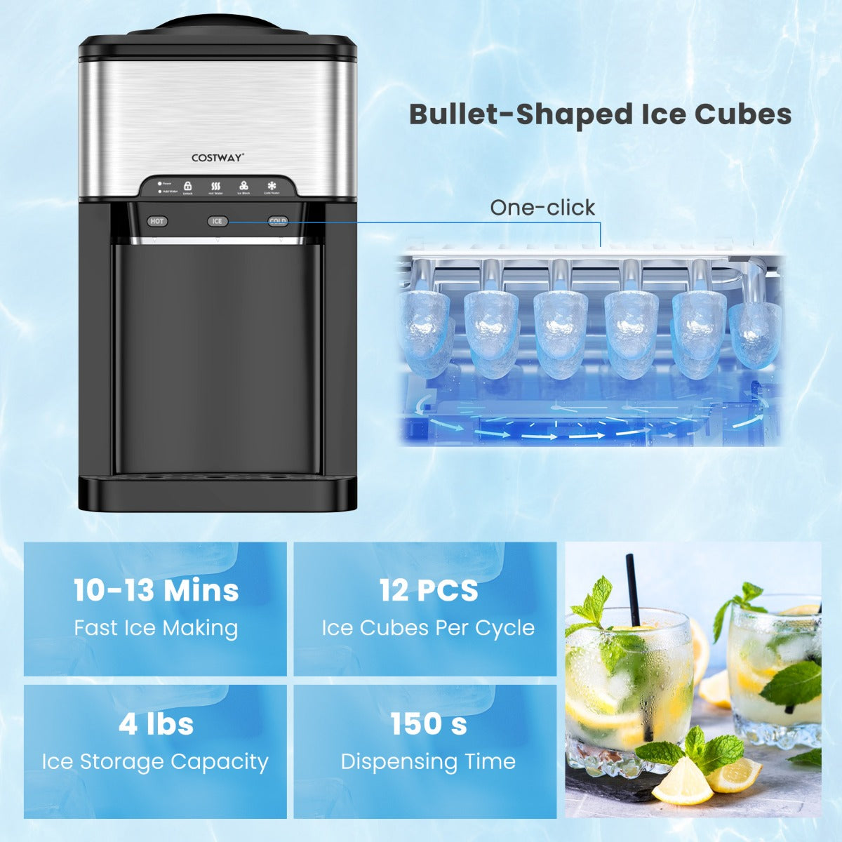 LIVSK 3-in-1 Waterdispenser met Ijsmaker - Warm/Koud Water - Intuïtief Paneel - Kinderslot - 28 x 43 x 48 cm - Zilver + Zwart