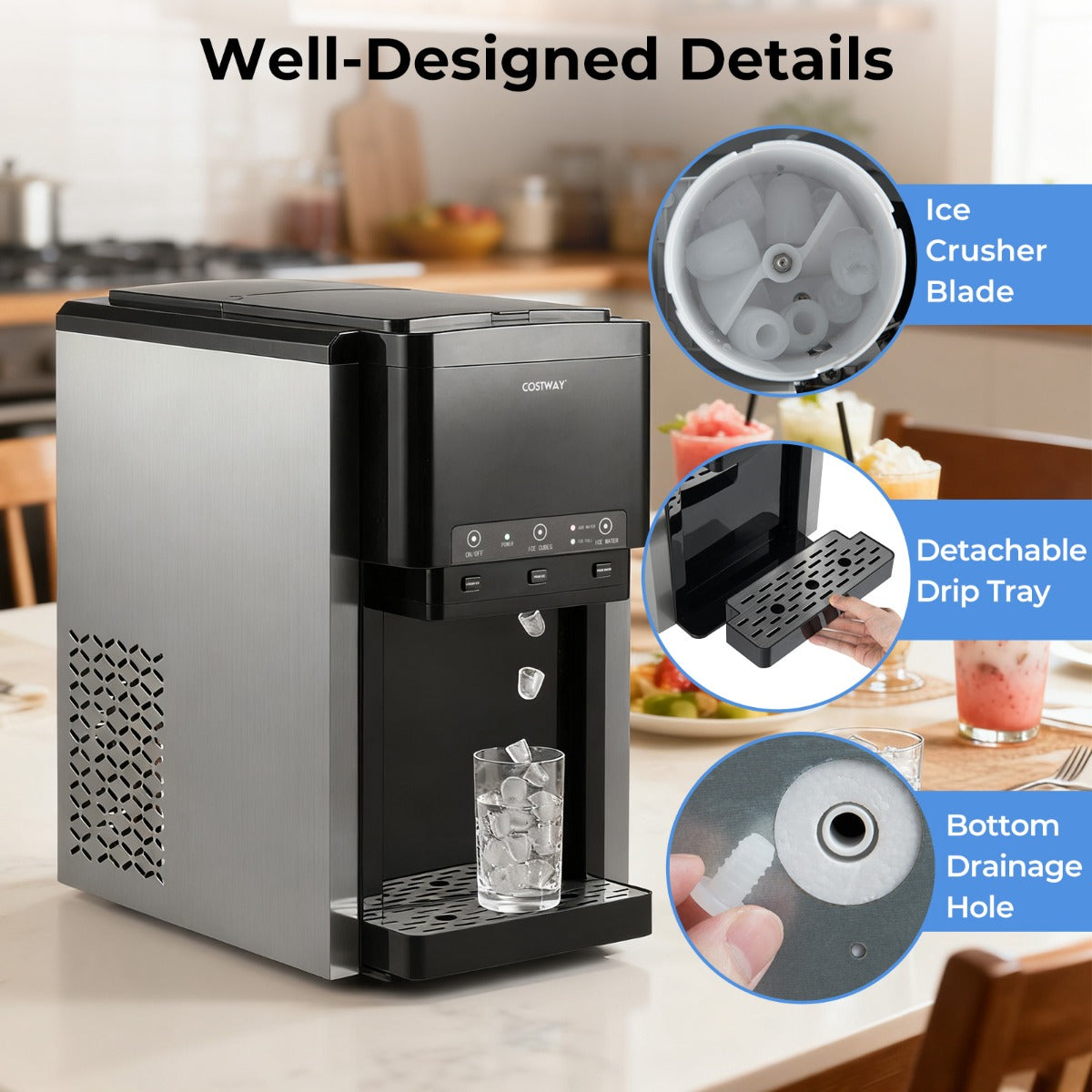 Livsk costway 3 in 1 waterdispenser met ijsblokjesmachine ijsblokjesmachine met gemalen ijs ijsmachine voor thuis keuken en kantoor 4