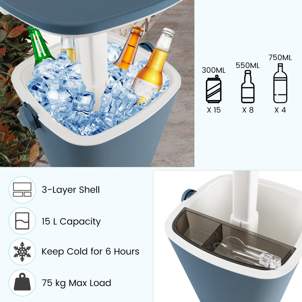 LIVSK 3-in-1 Koeltafel - Weerbestendig PP - Tot 15L - Inclusief Flesopener en Tang - Perfect voor Buiten - Blauw
