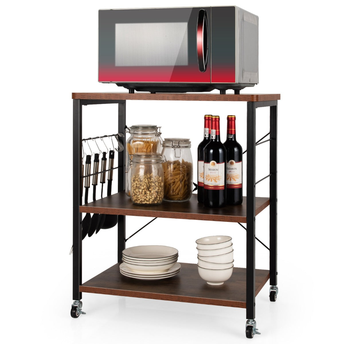 LIVSK Keukentrolley - 3 Laags met Verstelbare Plank - 10 Haken - Stabiel Stalen Frame - Met Wielen - 60 x 40 x 73,5 cm -