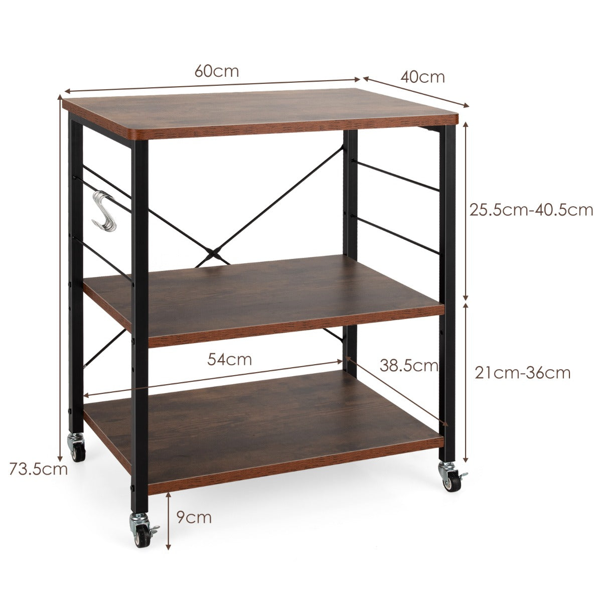 LIVSK Keukentrolley - 3 Laags met Verstelbare Plank - 10 Haken - Stabiel Stalen Frame - Met Wielen - 60 x 40 x 73,5 cm -