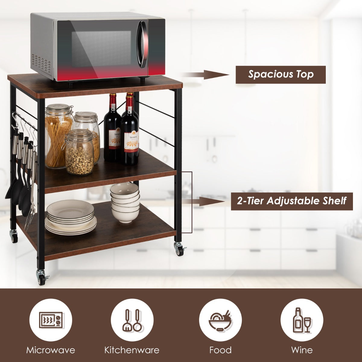 LIVSK Keukentrolley - 3 Laags met Verstelbare Plank - 10 Haken - Stabiel Stalen Frame - Met Wielen - 60 x 40 x 73,5 cm -