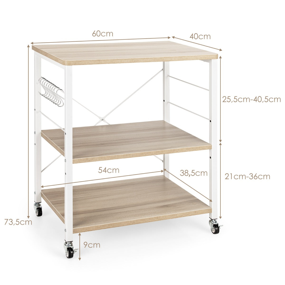 LIVSK 3-Laags Keukenkar met Verstelbare Plank - 10 Verwijderbare Haken - Stalen Frame - Met Wielen - Ruimtebesparend - Zwart