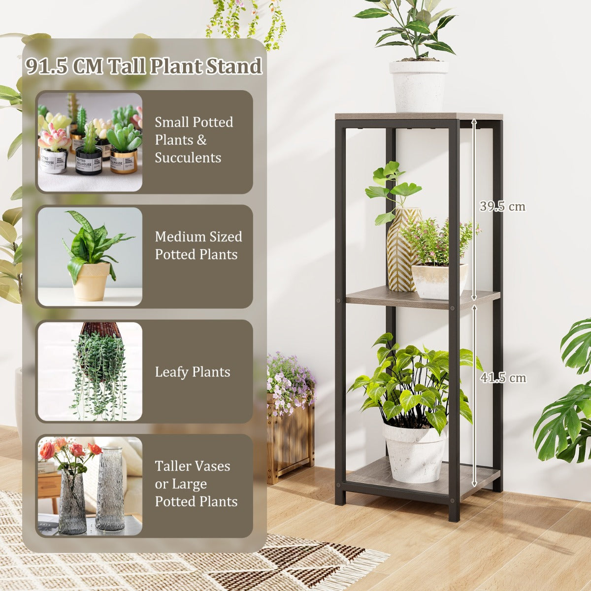 LIVSK Hoge Plantenrek - 3 Niveaus - Duurzaam Metaal met Houtnerf - Antislipvoetkussens - Compact Ontwerp - Grijs en Zwart