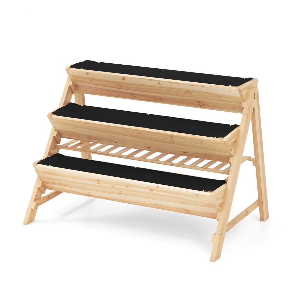 LIVSK Drielaags Verhoogd Plantenbed - A-vormig Vurenhout - Inclusief Lattenplank en 2 Haken - 117 x 74 x 80 cm - Natuurlijk