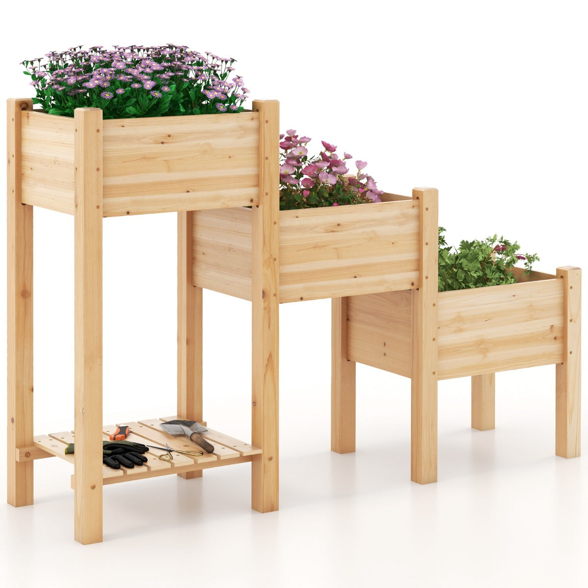 Livsk costway 3 laags houten verhoogd tuinbed open opbergplank 3 verhoogde plantenbakken afvoergaten voor fruit groenten bloemen
