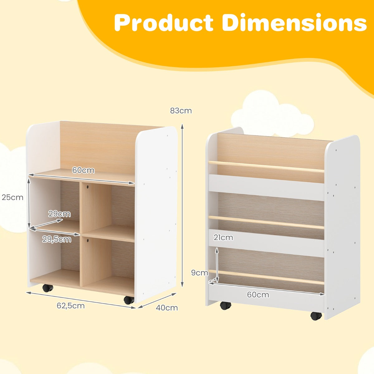 Livsk costway 3 laags kinderboekenrek met wieltjes dubbelzijdige boekenpresentatie opbergkar staand rek van hout houten boekenrek met 8 open vakken