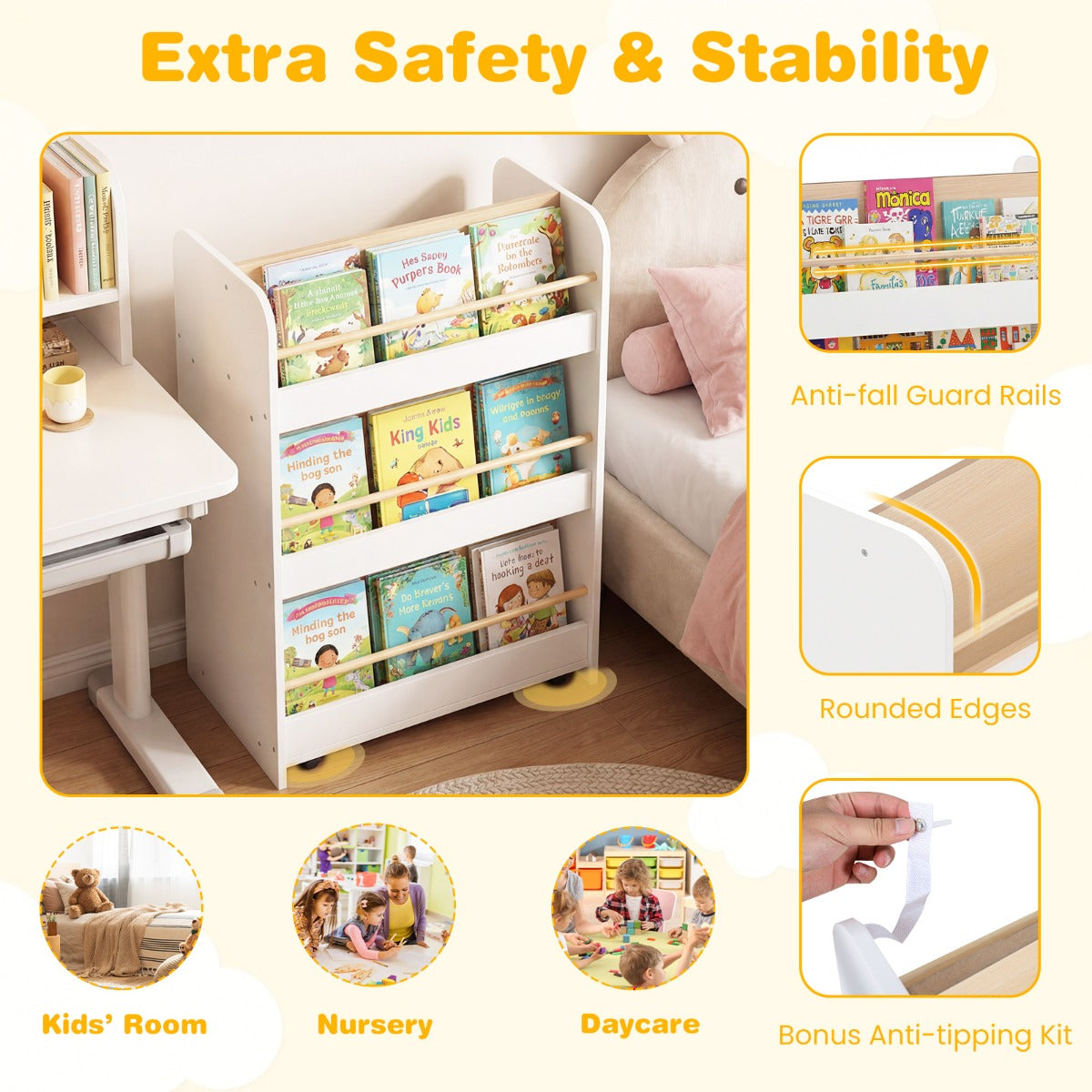 Livsk costway 3 laags kinderboekenrek met wieltjes dubbelzijdige boekenpresentatie opbergkar staand rek van hout houten boekenrek met 8 open vakken