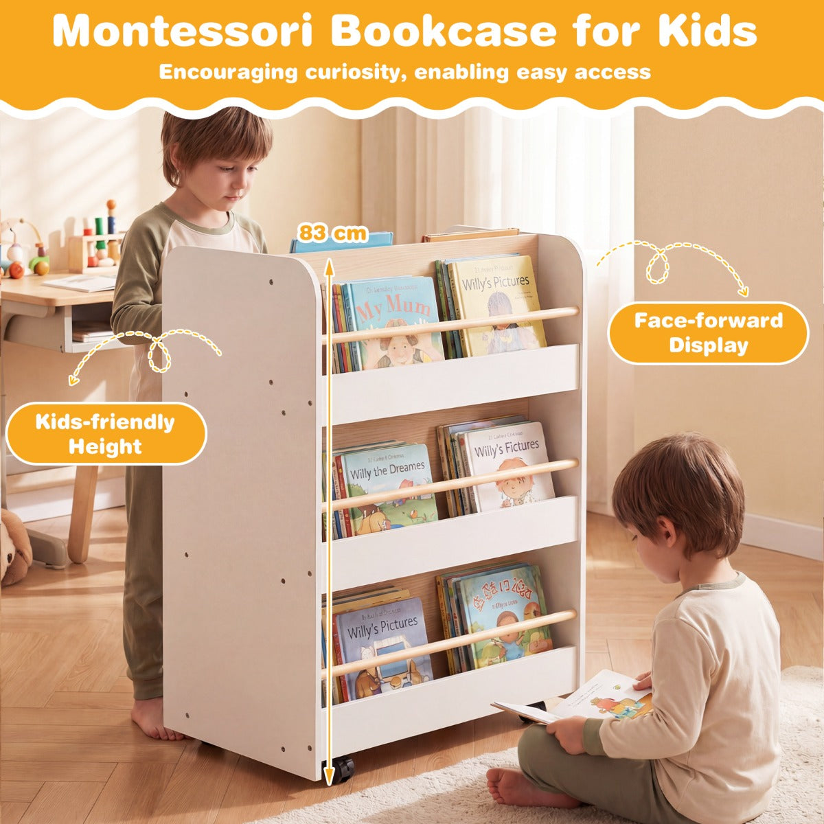 Livsk costway 3 laags kinderboekenrek met wieltjes dubbelzijdige boekenpresentatie opbergkar staand rek van hout houten boekenrek met 8 open vakken