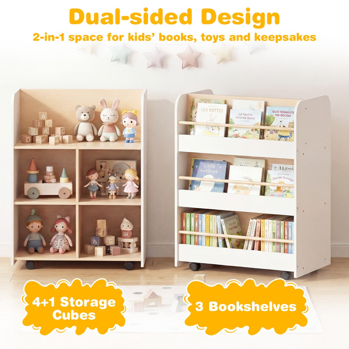 Livsk costway 3 laags kinderboekenrek met wieltjes dubbelzijdige boekenpresentatie opbergkar staand rek van hout houten boekenrek met 8 open vakken