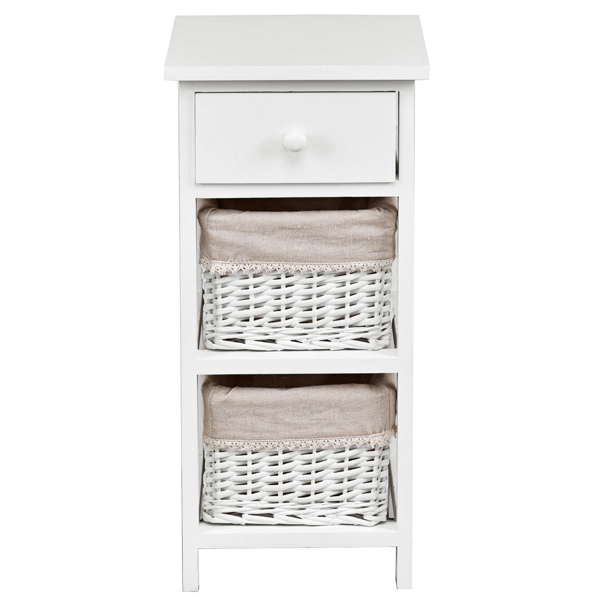 LIVSK Nachtkastje - 3 Laags met Opberglade en Mand - Duurzaam Paulowniahout - Ruimtebesparend - Wit + Beige