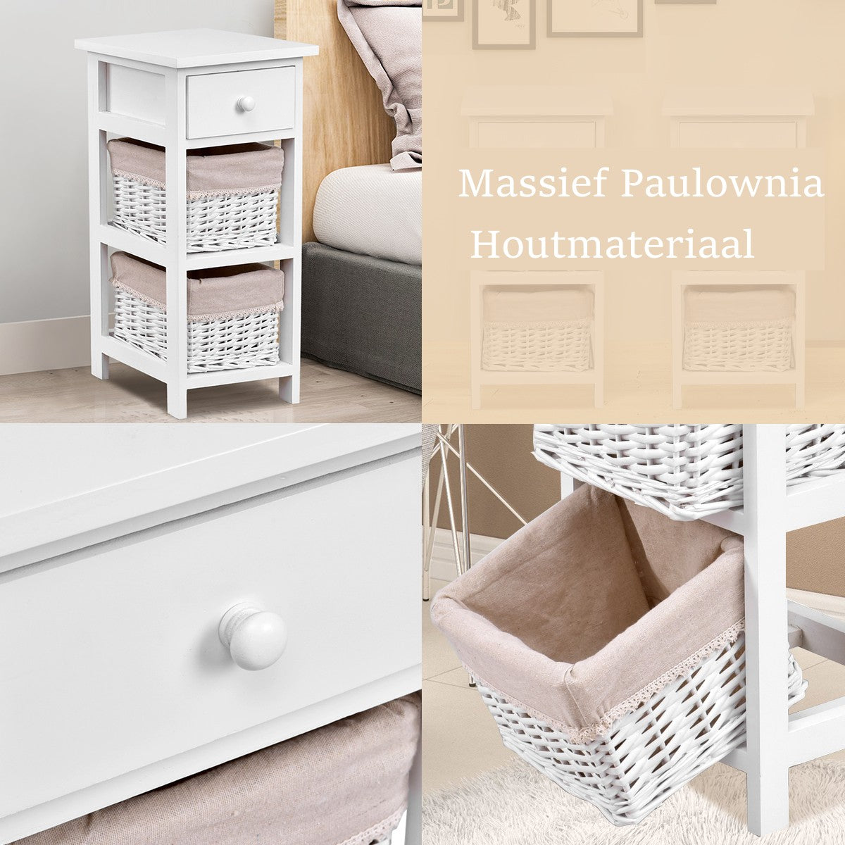 LIVSK Nachtkastje - 3 Laags met Opberglade en Mand - Duurzaam Paulowniahout - Ruimtebesparend - Wit + Beige