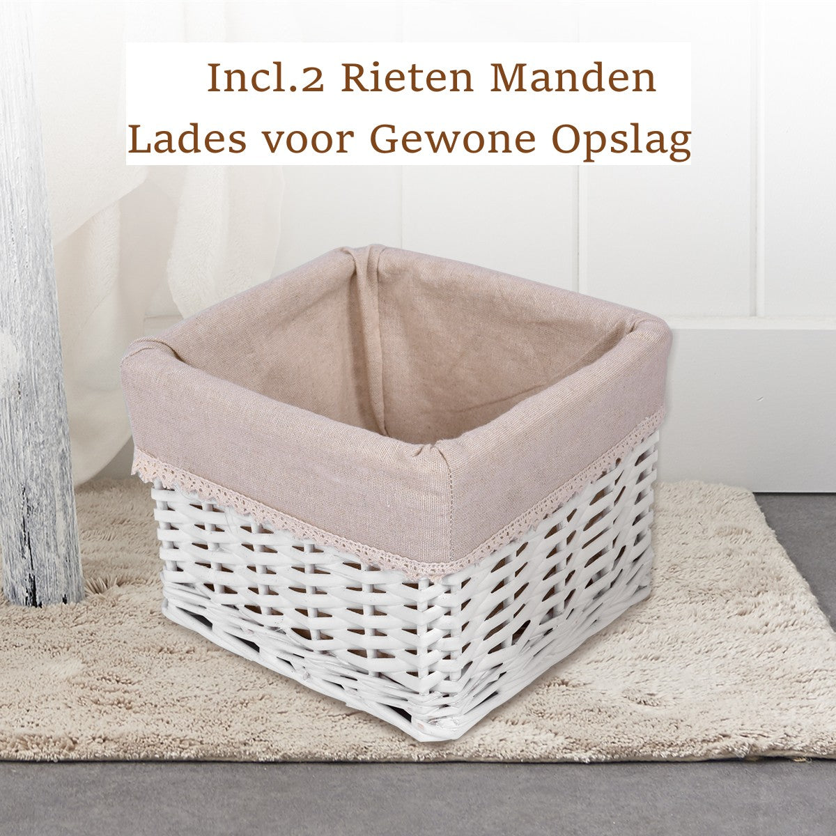 LIVSK Nachtkastje - 3 Laags met Opberglade en Mand - Duurzaam Paulowniahout - Ruimtebesparend - Wit + Beige