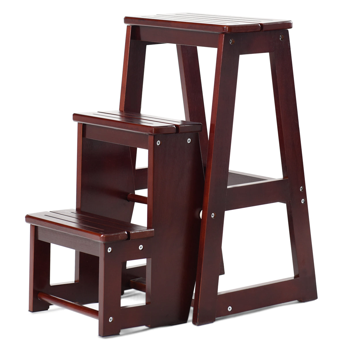 LIVSK Opstapkruk - Multifunctioneel als Kruk en Ladder - Massief Dennenhout - Ergonomisch Design - Rubberen Bescherming - Bruin