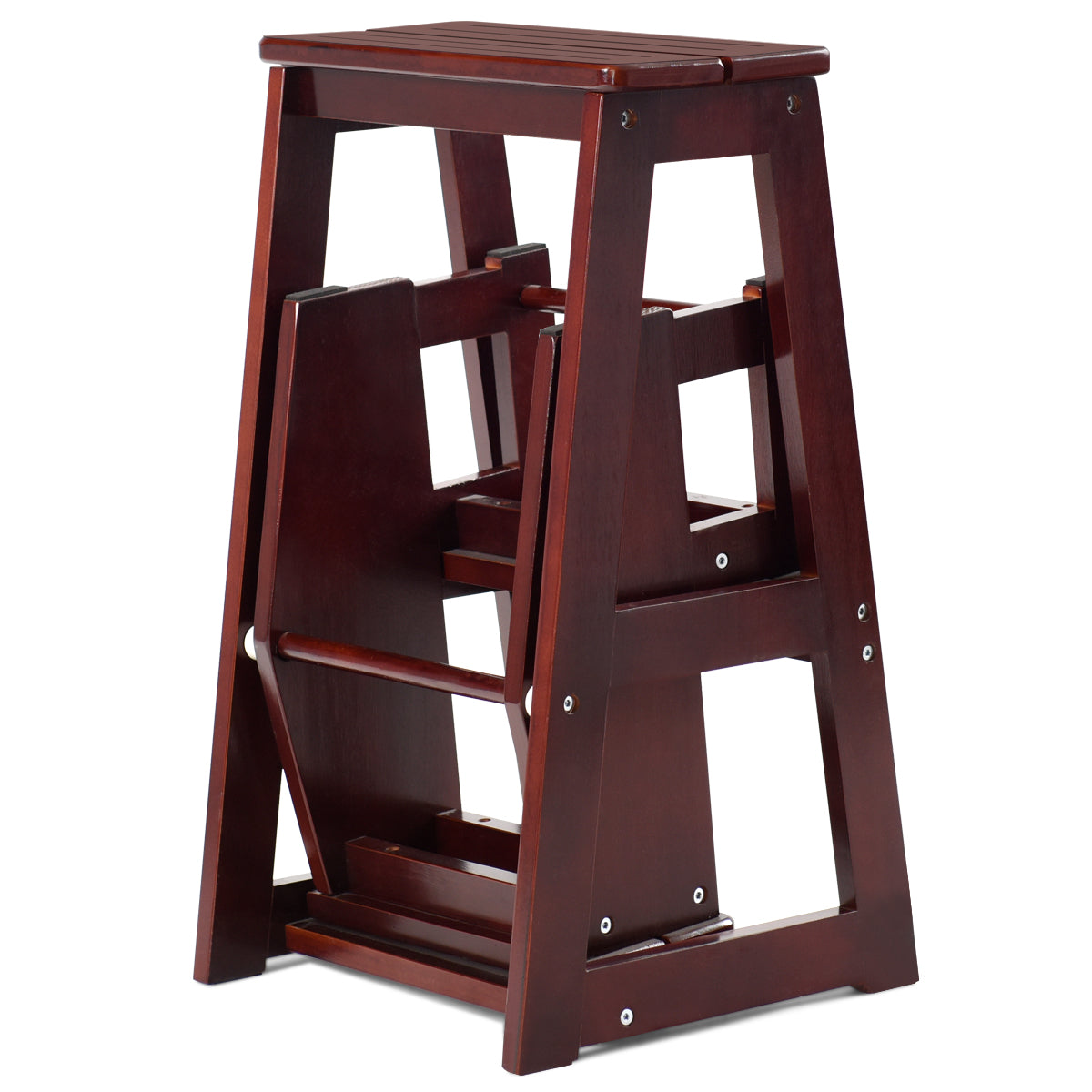 LIVSK Opstapkruk - Multifunctioneel als Kruk en Ladder - Massief Dennenhout - Ergonomisch Design - Rubberen Bescherming - Bruin