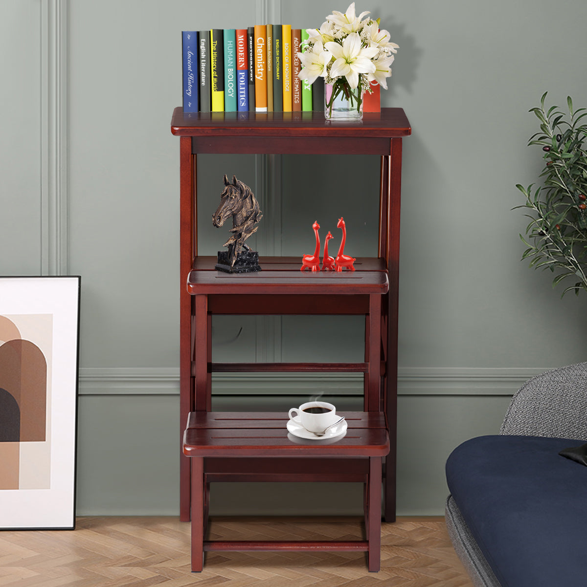 LIVSK Opstapkruk - Multifunctioneel als Kruk en Ladder - Massief Dennenhout - Ergonomisch Design - Rubberen Bescherming - Bruin