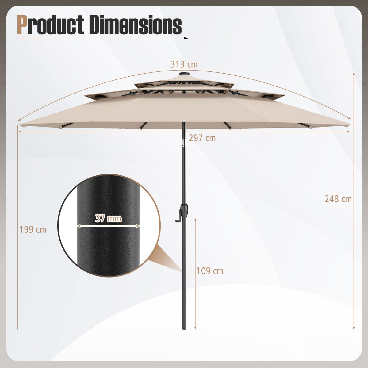 LIVSK Terrasparasol met LED Verlichting - Kantelbaar - Ventilatieopeningen - Slingerbediening - Ø 313 cm - Beige
