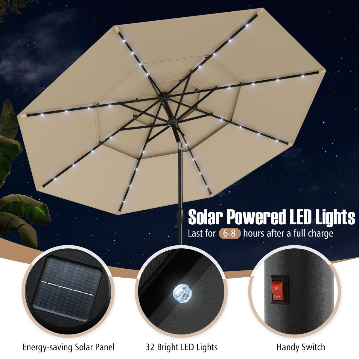 LIVSK Terrasparasol met LED Verlichting - Kantelbaar - Ventilatieopeningen - Slingerbediening - Ø 313 cm - Beige