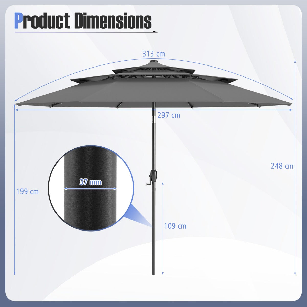 LIVSK Terrasparasol op Zonne-energie - Kantelbaar met LED-verlichting - 3 Ventilatieopeningen - 313 x 248 cm - Grijs