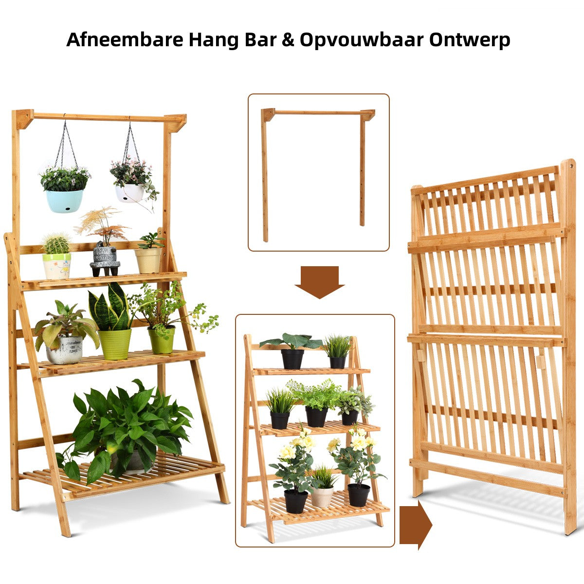 LIVSK Hangende Plantenstandaard - Bamboe - In hoogte verstelbaar - Drie niveaus - Voor binnen en buiten - Natuurlijke bamboekleur
