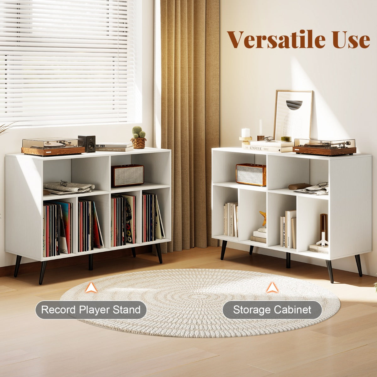 LIVSK Platenspelerstandaard - 4 Open Planken - Ruim Tafelblad - Verhoogde Steunpoten - Veiligheidssets - 100 x 40 x 74,5 cm - Wit