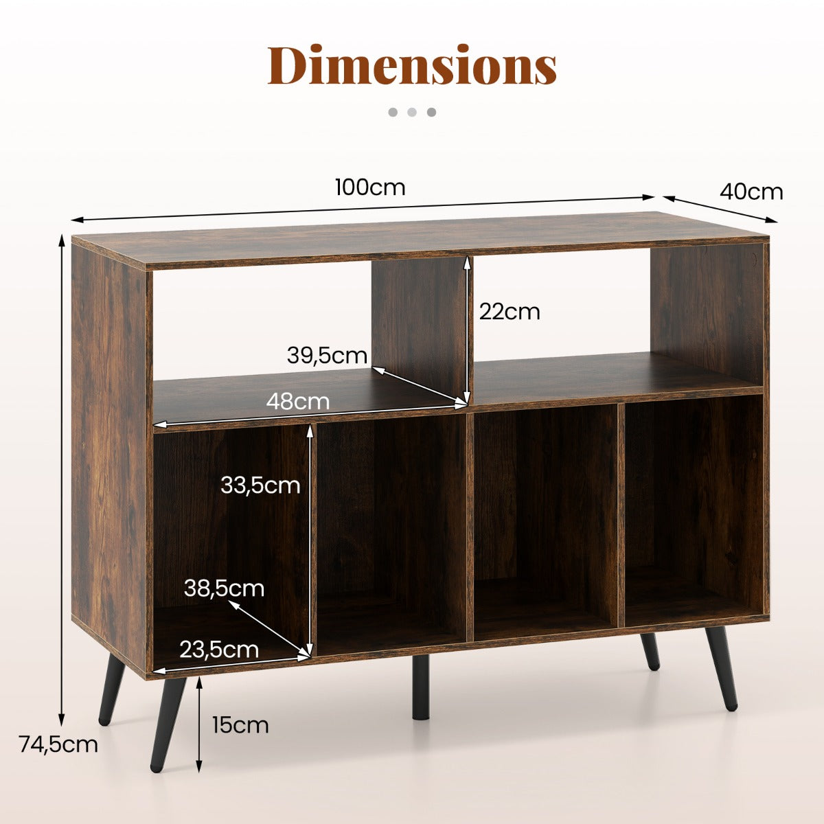 LIVSK Platenspelerstandaard - Rustiek Bruin - 3 Laags - Vinylopslag - Tafelblad en Vakken - 100 x 40 x 74,5 cm - Bruin