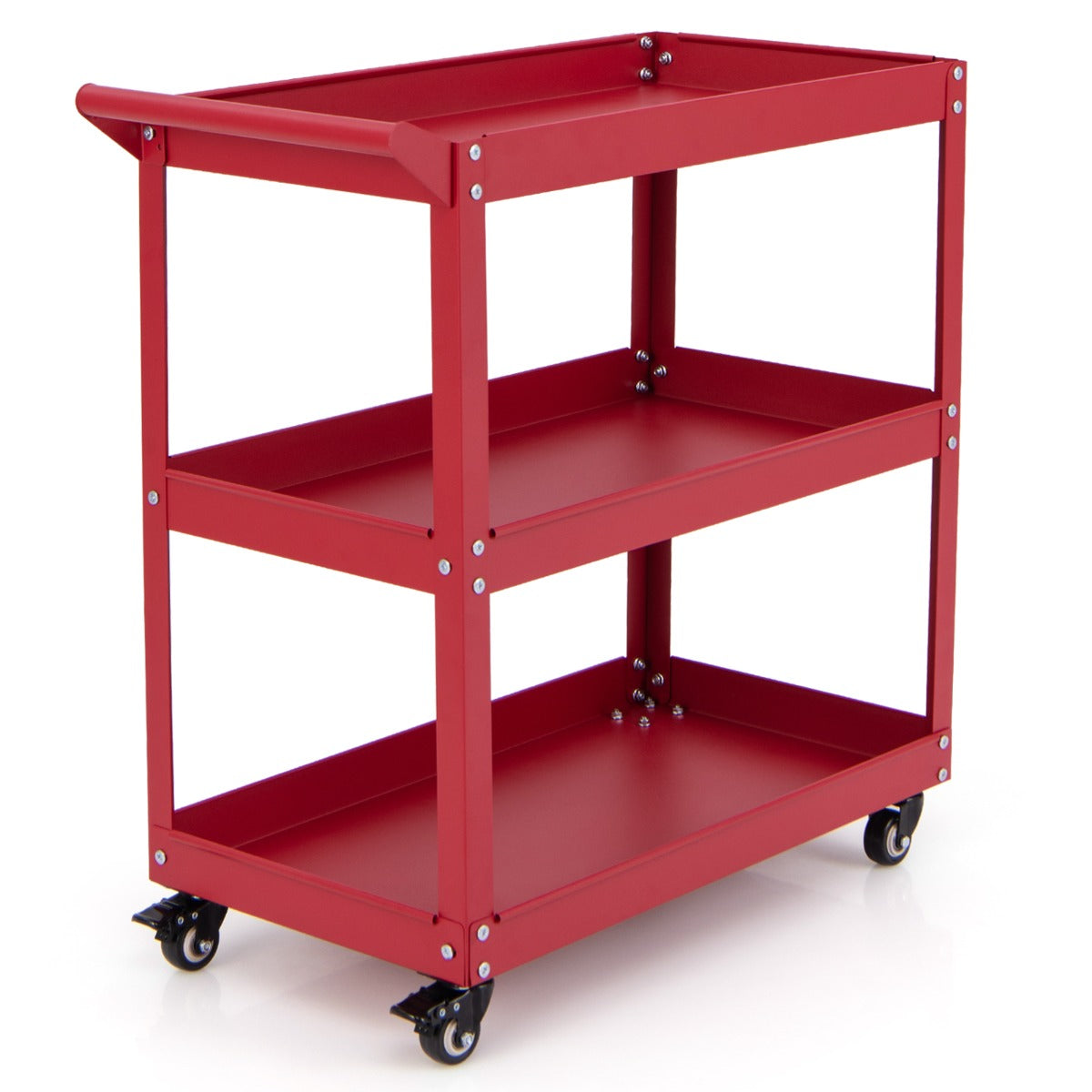 LIVSK Drielaagse Gereedschapswagen - Robuust Metalen Frame - 4 Wendbare Wielen - Tot 120 kg - 3 Grote Opbergvakken - Rood